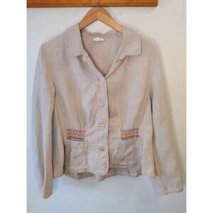 J.Jill 100% Linen Blazer Women's M Natural Beige Embroidered Pocket Detail